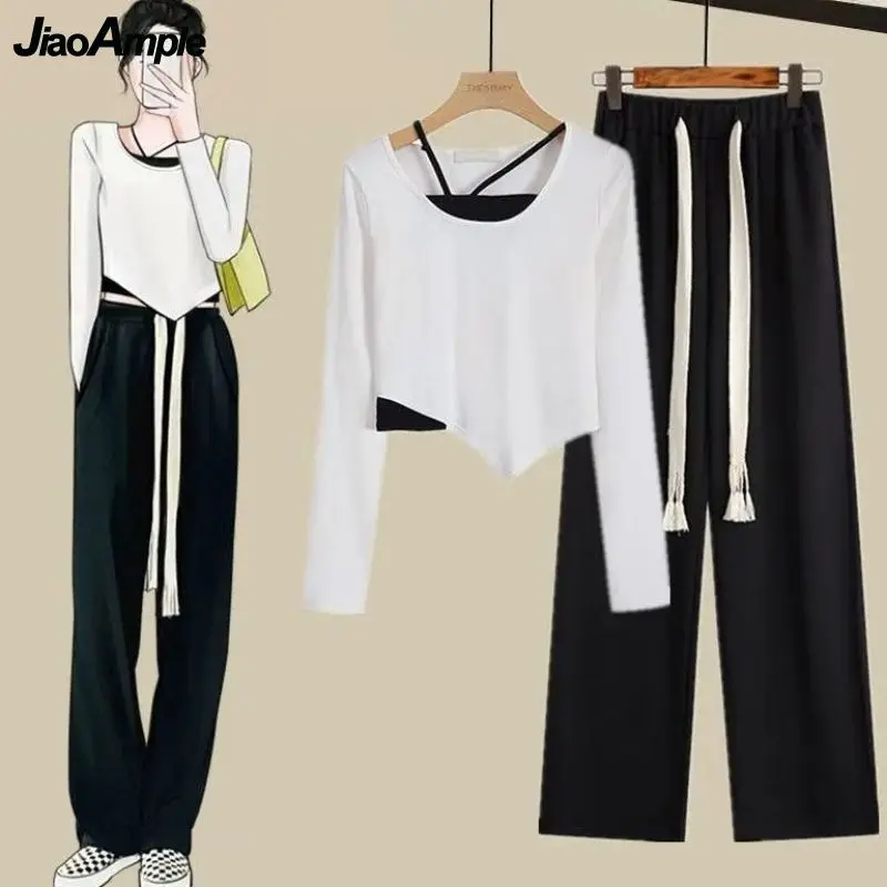 Top Trends: Women's Spring Autumn Fashion Tow Pieces Set Korean Casual Irregular T Shirt+ Long Wide Leg Pants Suit Student Trendy Streetwear Shoppable Styles