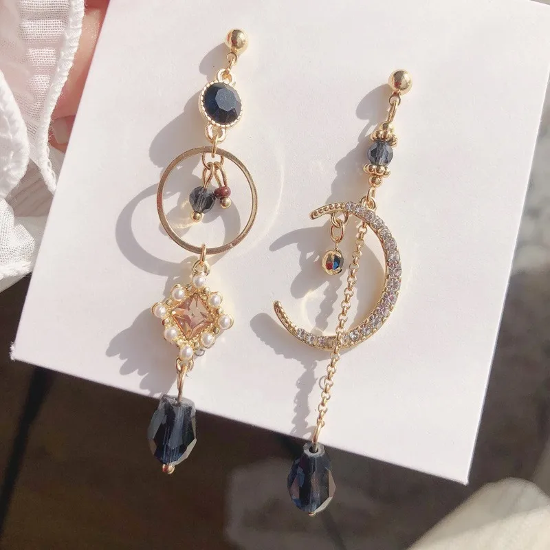 Top Trends: New 2020 Sweet Shiny Crystal Geometric Circular Drop Earrings Long Asymmetric Fine Moon Modelling Fashion Women Earrings Shoppable Styles