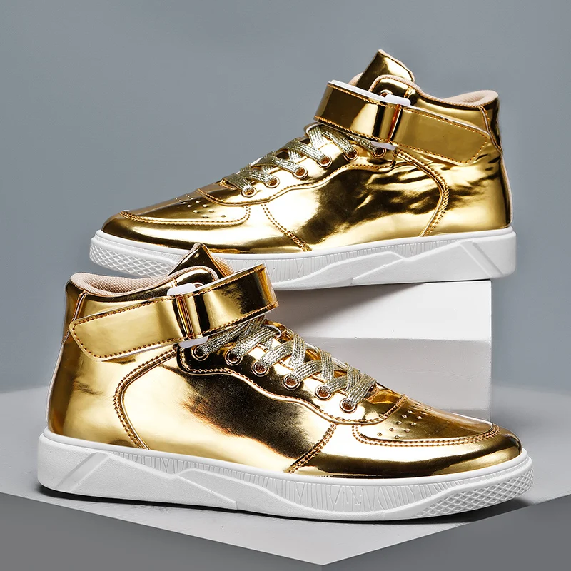 Top Trends: Luxury Gold Men Shoes Patent Leather Designer Sneakers Men High Top Mirror Shoes Hip-hop Men&#039;s Casual Shoes Zapatillas Hombre Shoppable Styles