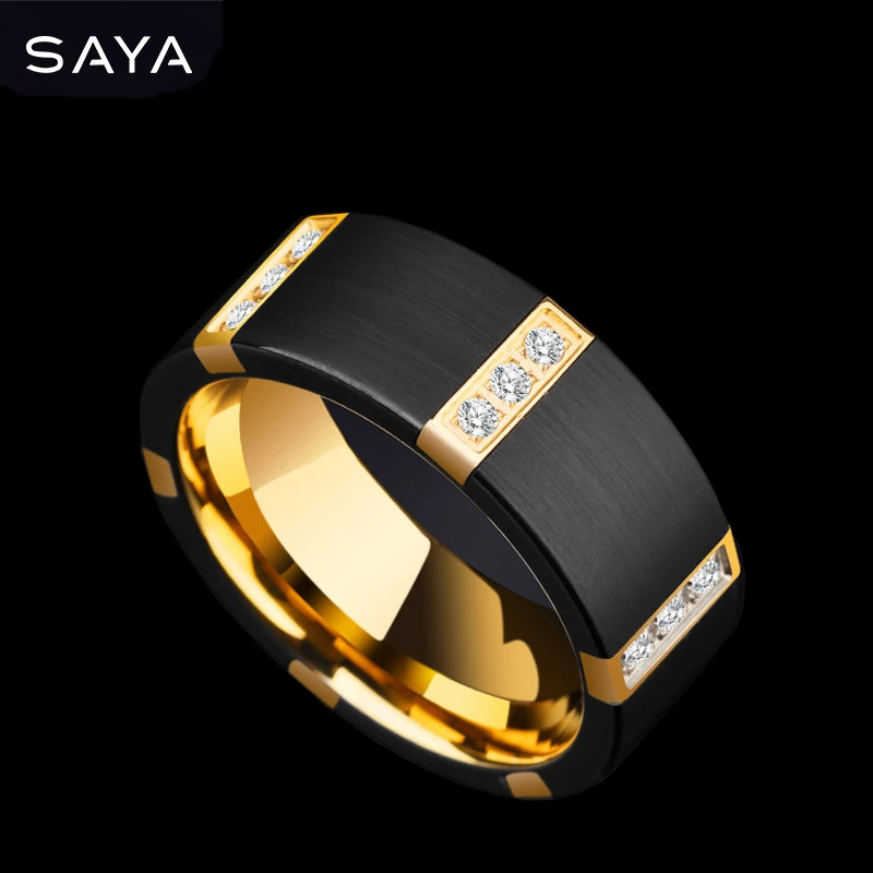 Top Trends: 2021Black Tungsten Carbide Rings For Men With Gold Plating Inside Black Color Three PCS Cubic Zirconia, , Engraving Shoppable Styles