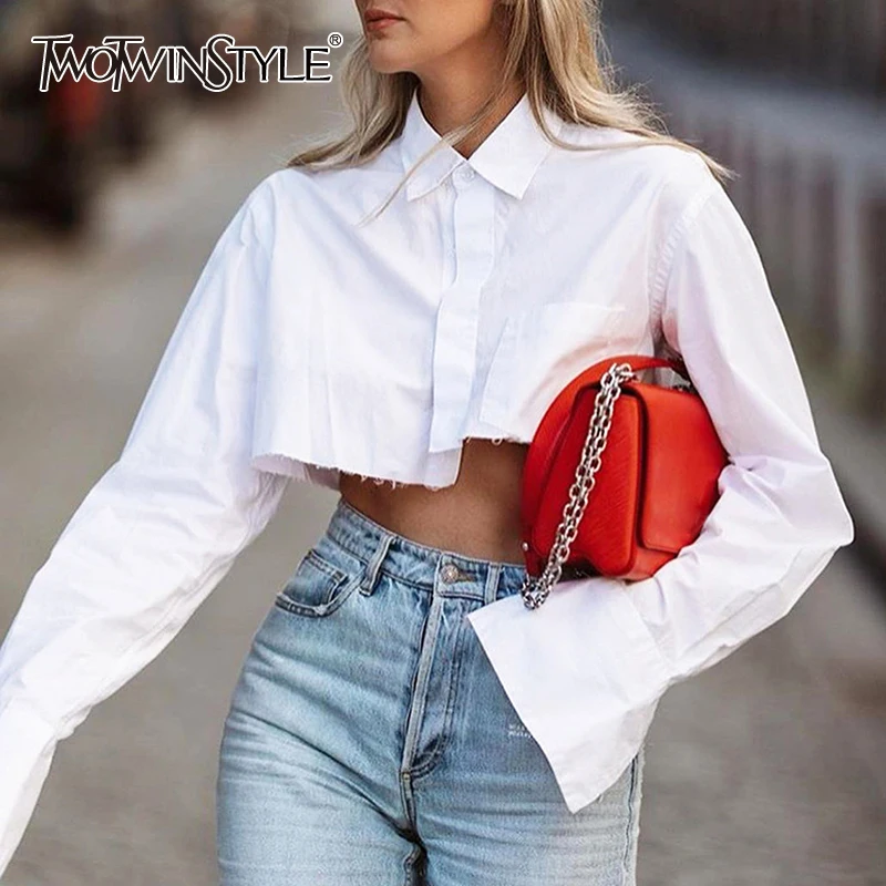 Top Trends: TWOTWINSTYLE Sexy Crop Top Tassel Solid Color Shirt For Women Lapel Collar Long Sleeve Loose Oversized Shirts Female 2022 New Shoppable Styles