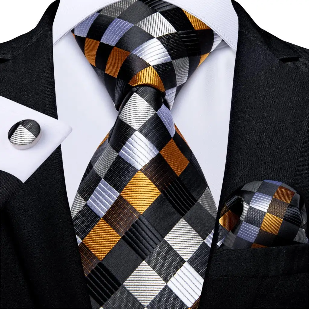 Top Trends: New Fashion Plaid Men&#039;s Tie Set High Quality 8cm Width Neck Tie Handkerchief Cufflinks Business Wedding Tie Gift For Men DiBanGu Shoppable Styles