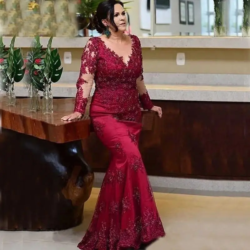 Top Trends: 2023 New Arrival Red Lace Mother Of The Bride Dresses Long Sleeves Illusion Jewel Neck Mermaid Wedding Party Gowns Appliqued Shoppable Styles