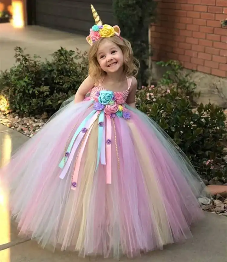 Top Trends: Girls Pastel Unicorn Flower Tutu Dress Kids Crochet Tulle Strap Dress Ball Gown With Daisy Ribbons Children Party Costume Dress Shoppable Styles