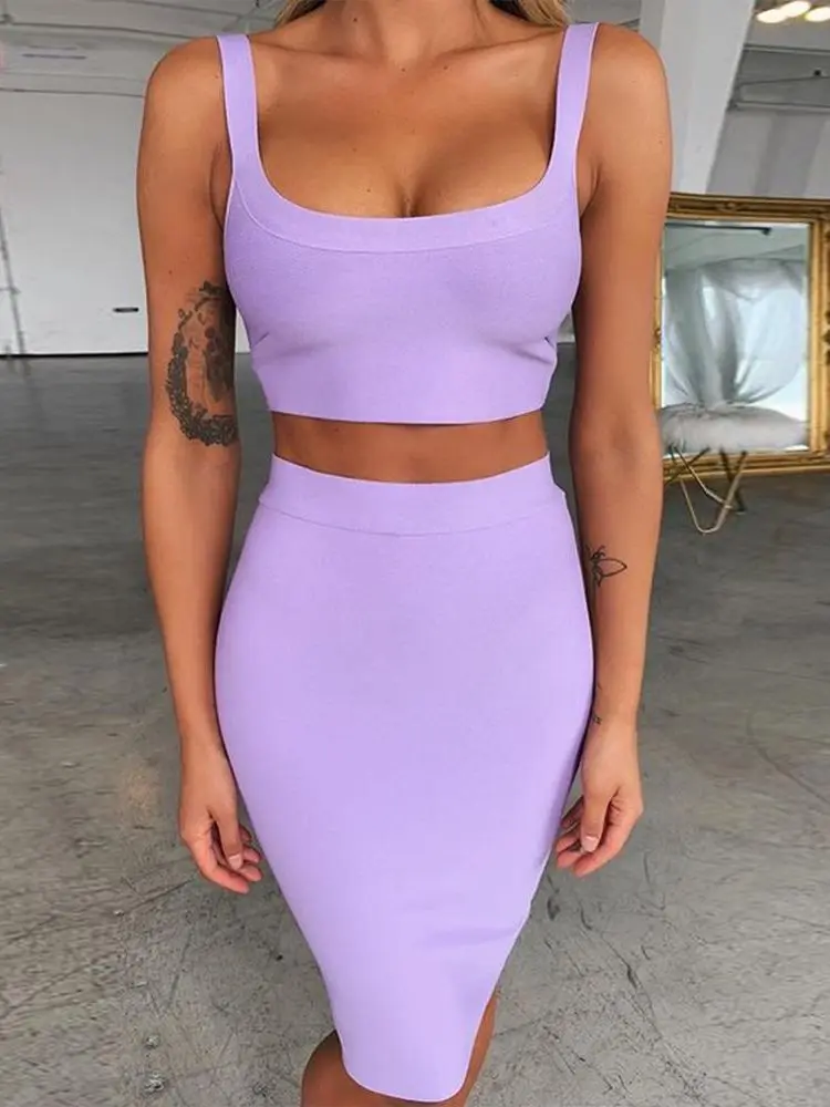 Top Trends: Bandage Dress Sets Women Sexy Two Piece Skirt Set 2022 Summer Lilac Bodycon Skirt And Top Set Matching Sets For Club Party Shoppable Styles