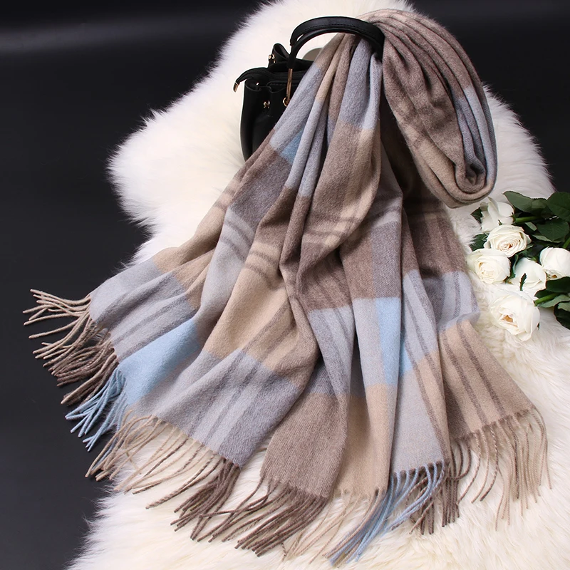 Top Trends: 100% Pure Wool Scarf Women Luxury Shawls Wraps Checked Pashmina Foulard Femme Winter Warm Plaid Cashmere Scarves Femme Echarpe Shoppable Styles