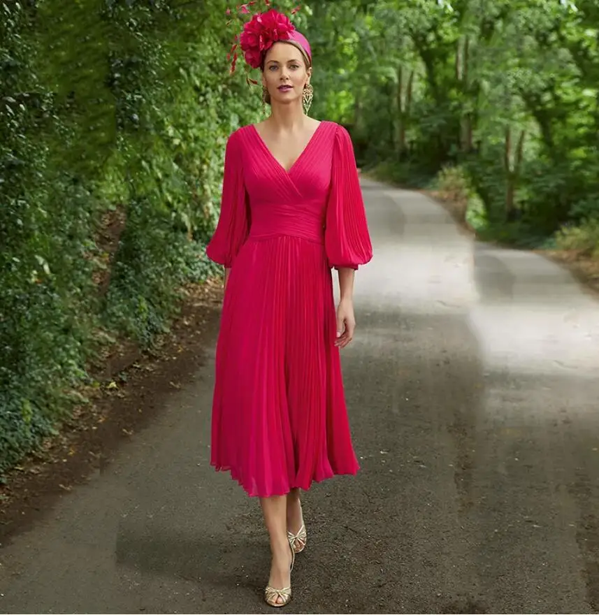 Top Trends: 2022 New Charming Simple Fuchsia Chiffon Mother Of The Bride Dresses With 3 / 4 Sleeves V Neckline Wedding Guest Gowns Tea Length Shoppable Styles