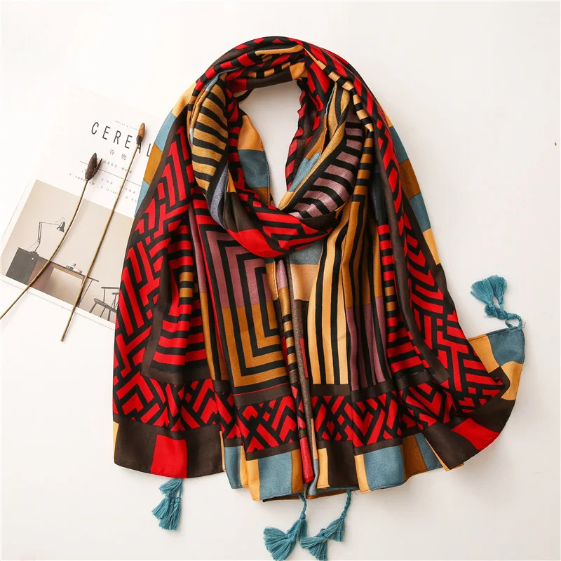 Top Trends: Fashion Luxury Brand Paisley Striped Line Tassel Viscose Scarf Women Print Shawls And Wraps Pashmina Stole Muslim Hijab Snood Shoppable Styles