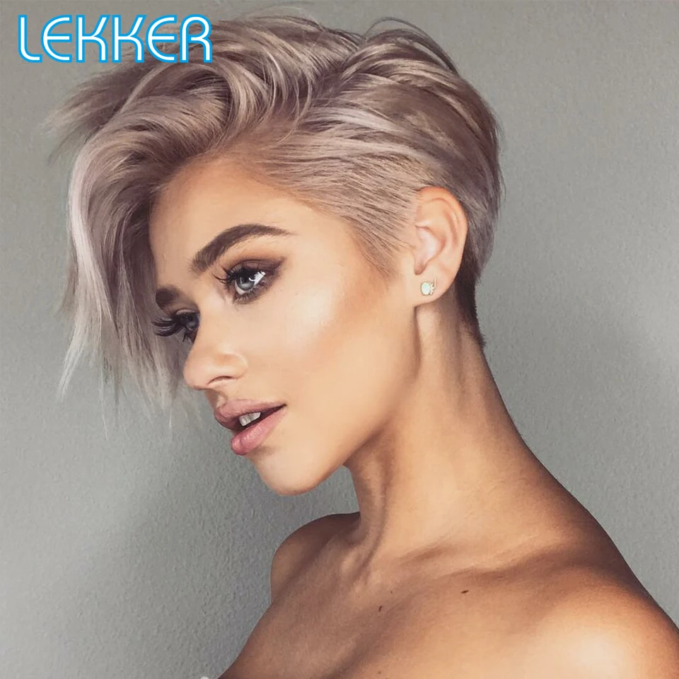 Top Trends: Lekker Pixie Lace Part Human Hair Short Straight Bob Wig With Bangs For Women Brazilian Remy Natural Glueles Ombre Pink Grey Wig Shoppable Styles