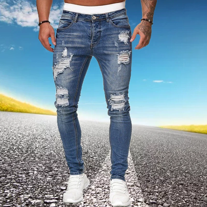 Top Trends: Mens Ripped Skinny Jeans Blue Slim Fit Hole Pencil Pants Biker Casual Trousers Streetwear 2020 High Quality Denim Man Clothing Shoppable Styles