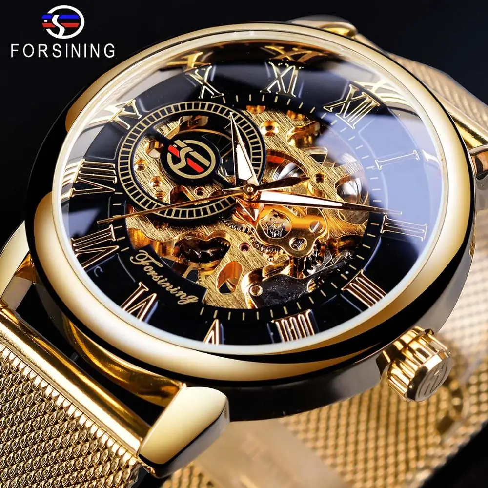 Top Trends: Forsining Transparent Case 2017 Fashion 3D Logo Engraving Golden Stainless Steel Men Mechanical Watch Top Brand Luxury Skeleton Shoppable Styles