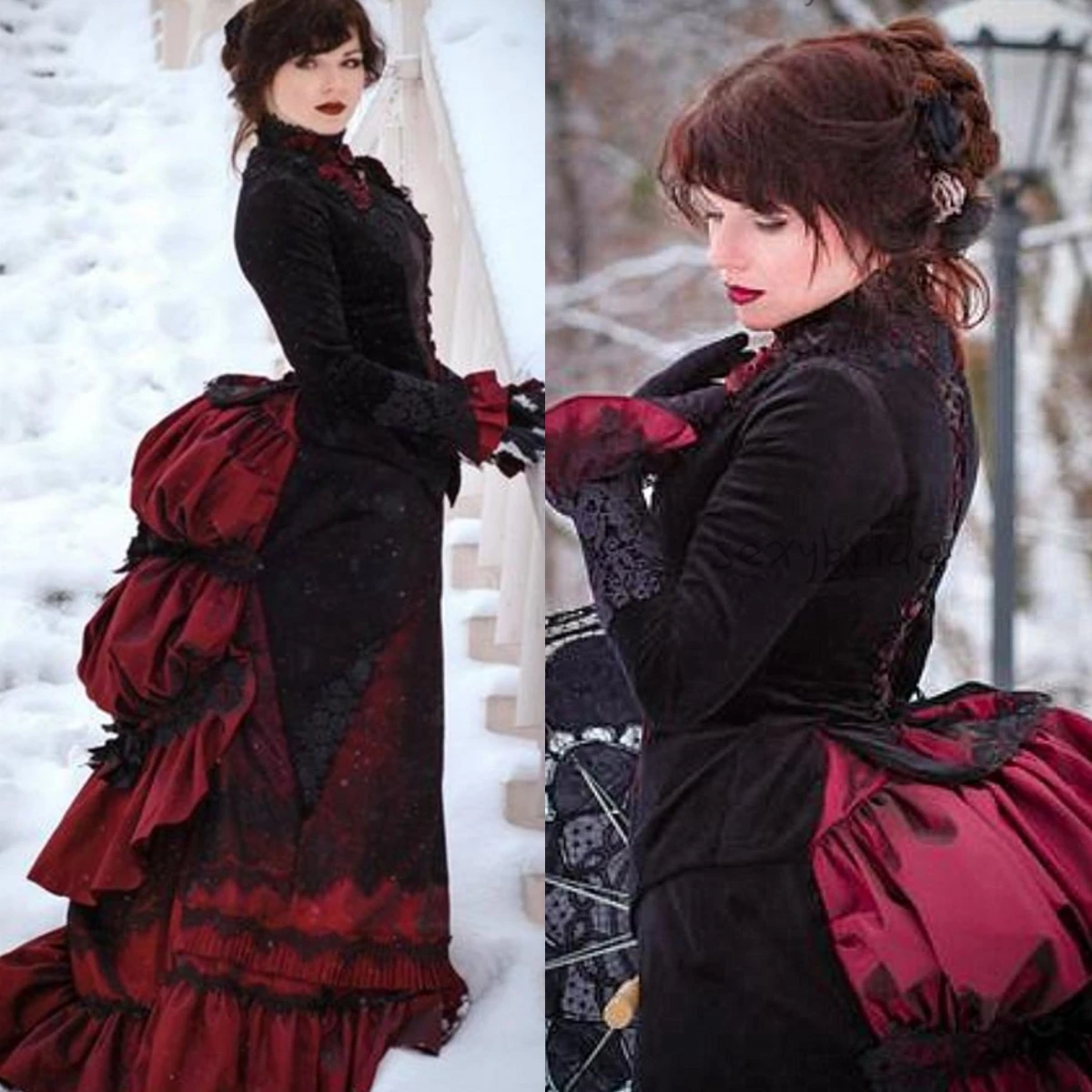 Top Trends: Vintage Gothic Victorian Wedding Dress Black And Red 2022 Floral Bustle Ruched Skirt Lace-up Corset Autumn Winter Bride Gown Shoppable Styles