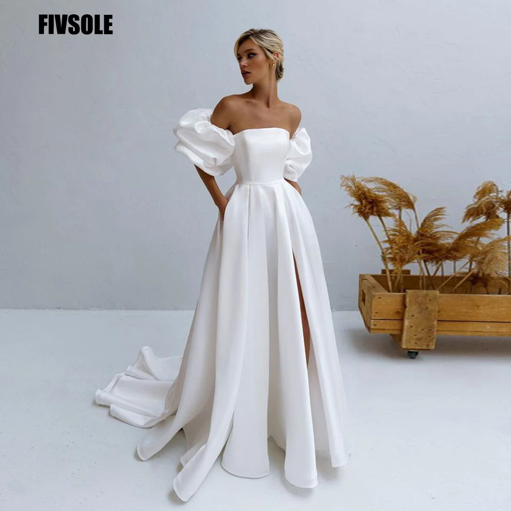 Top Trends: Boho Soft Satin Zipper Back Wedding Dress For Women 2021 A-Line Puff Sleeves Beach Bride Gown Cut-Out Bohemian Robe De Mariee Shoppable Styles