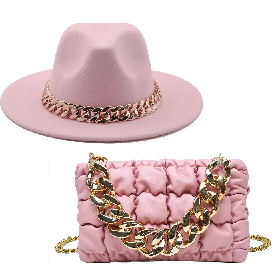 Top Trends: New Luxury Girl Wool Chain Fedora Hat Oversized Chain Accessory Bag Hat For Women Flat Top Hat Latest Two-piece Set шапка Shoppable Styles - Image 2