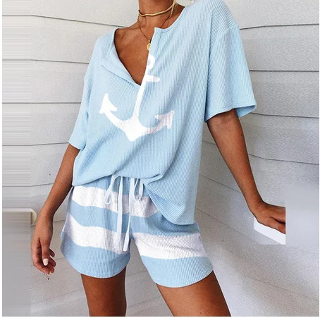 Top Trends: Summer 2Pcs Women Tracksuit Boat Anchor Print Shirt Shorts Set Spring Elegant V Neck Pullover Ladies Sportswear Suits Pocket Hot Shoppable Styles - Image 3