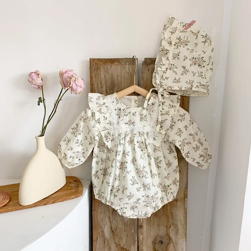 Top Trends: 2Pcs Korean Lace Ruffle Cute Baby Romper With Hat Set Infant Vintage Floral Long Sleeve Jumpsuit Toddler Baby Girl Sweet Clothes Shoppable Styles