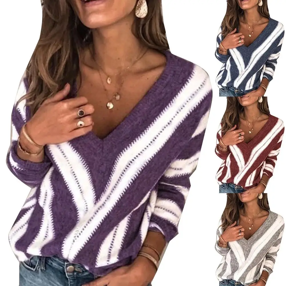 Top Trends: Fashion Women Autumn Long Sleeve V Neck Color Block Loose Plus Size Sweater Hot Sales 2020 Shoppable Styles