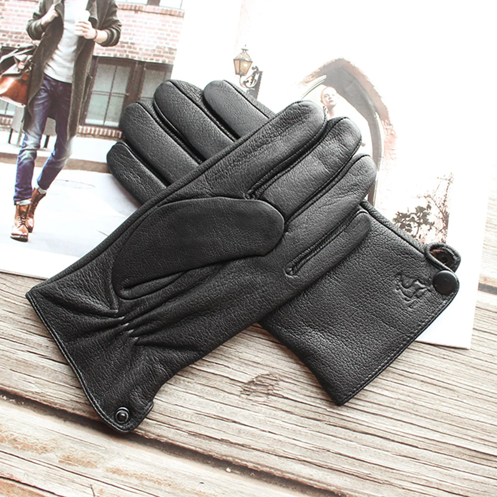 Top Trends: Men's Fashion Black Corrugated Deerskin Gloves Leather Velvet Lining Imitation Rabbit Fur Autumn Winter Windproof Warm Gloves Shoppable Styles - Image 3