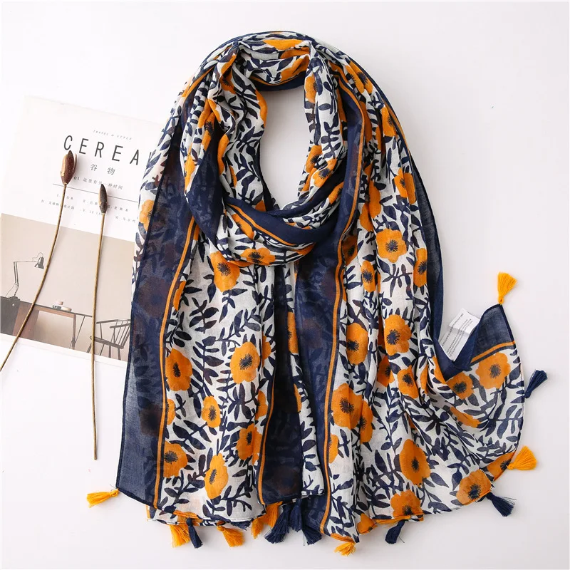 Top Trends: 2022 Spain Fashion Daisy Floral Tassel Viscose Shawl Scarf Lady Print Soft Pashmina Stole Wrap Snood Bufandas Muslim Hijab Sjaal Shoppable Styles