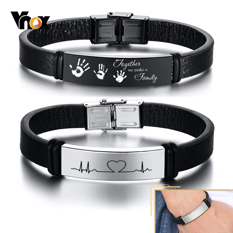 Top Trends: Vnox Customized Leather Bracelets For Men Women, 12mm Stainless Steel ID Bangle, Personalized Gift, Male Casual Jewelry Shoppable Styles