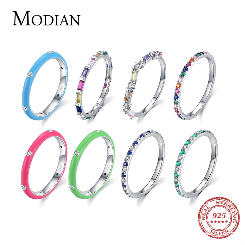 Top Trends: Modian 2021 Real 925 Sterling Silver Rainbow CZ Simple Fashion Finger Ring Stackable Enamel Rings For Women Brand Fine Jewelry Shoppable Styles