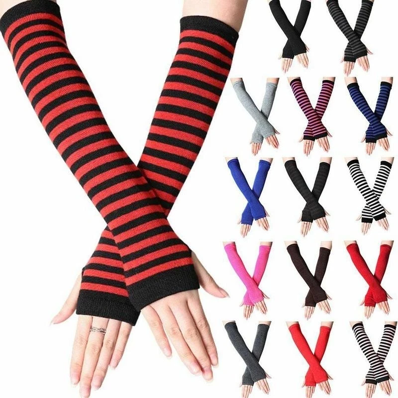 Top Trends: 2021 Women Long Sleeve Striped Fingerless Arm Warm Knitted Wristband Sport Cycling Solid Color Fashion Glove Mittens Accessories Shoppable Styles