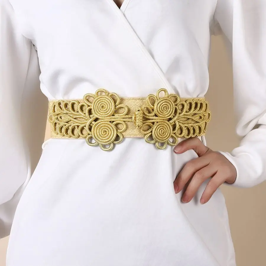 Top Trends: Ladies New Elastic Gold Silver Belt Band Stretch Flower Decorative Wide Leather Belts For Women High Quality Fashion 2019 Bg-924 Shoppable Styles