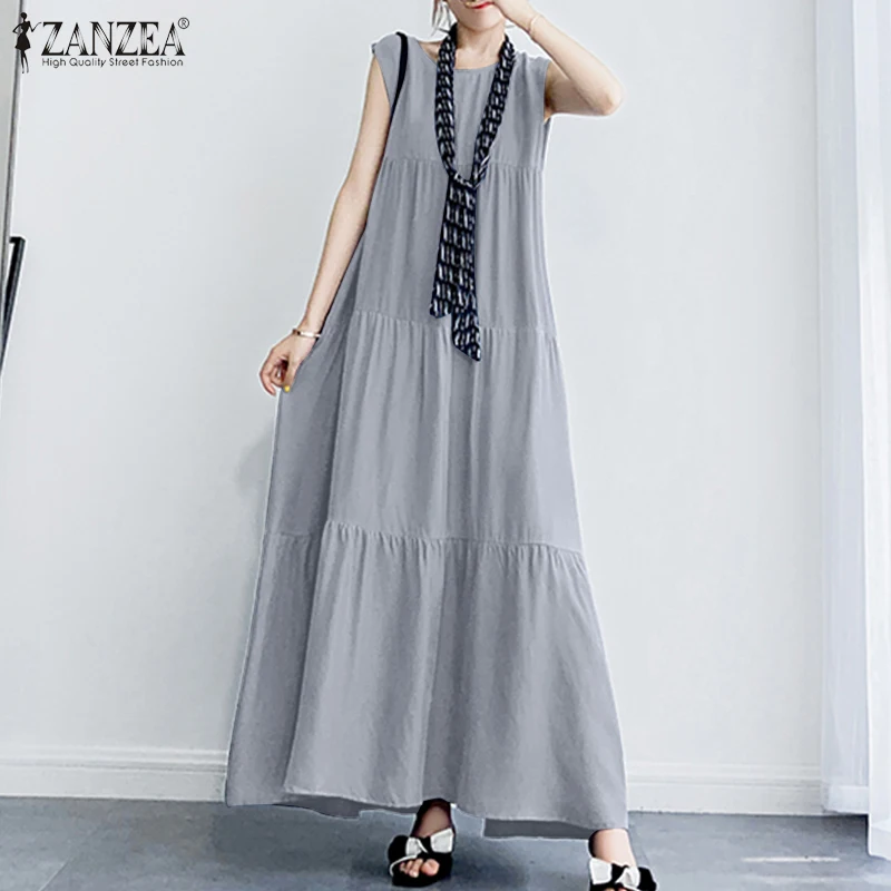 Top Trends: ZANZEA 2023 Stylish Women&#039;s Ruffle Sundress Solid Summer Dress Casual Sleeveless Maxi Vestidos Female O Neck Robe Oversized Shoppable Styles