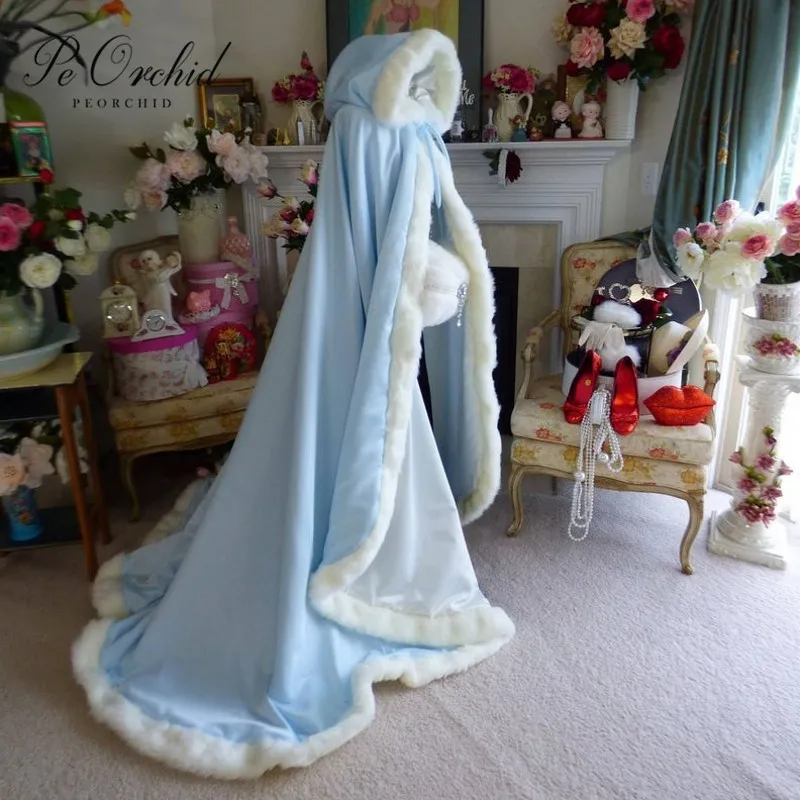 Top Trends: PEORCHID Light Blue Ivory Faux Fur Victorian Cape Long Warm Satin With Hooded Customized Wedding Cloak Bridal Winter Women Shawl Shoppable Styles