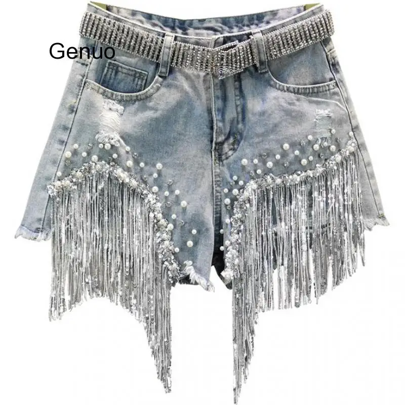 Top Trends: Denim Shorts Female 2020 Summer New High Waist Was Thin Heavy Industry Beaded Sequins Tassels Hole Wide Leg Shorts R990 Shoppable Styles