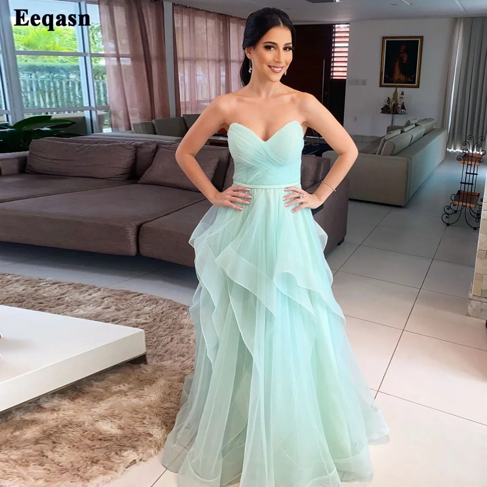 Top Trends: Eeqasn Mint Green Long Prom Dresses A Line Pleats Dubai Formal Evening Dress Plus Size Draped Tulle Arabia Prom Party Gowns Shoppable Styles