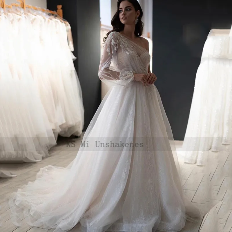 Top Trends: One Shoulder Long Sleeve Wedding Dresses Robe De Mariage Glitter Beads Lace Wedding Gowns Princess Vintage Bridal Dress 2021 Shoppable Styles - Image 5