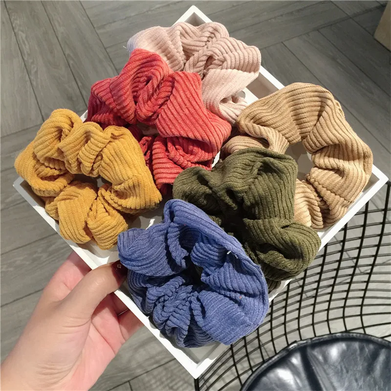 Top Trends: Autumn And Winter Women Warm Corduroy Big Hair Scrunchies Solid Soft Vintage Hair Gums Striped Fabric Rubber Bands For Hair Bun Shoppable Styles