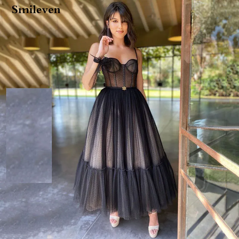 Top Trends: Smileven Modern Black Dotted Tulle Short Prom Dresses Spaghetti Straps Evening Gowns Sweetheart Corset Prom Party Gowns Shoppable Styles