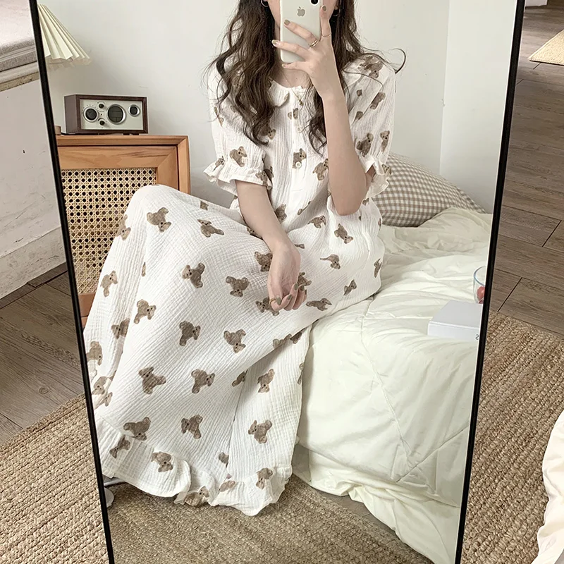 Top Trends: Bear Cartoon Print Summer Nightgown Korean Soft Cotton Long Sleepwear Short Sleeve Ruffles Nightdress Buttons Kawaii Homewear Shoppable Styles