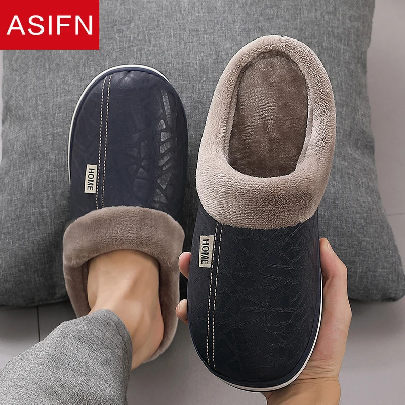 Top Trends: ASIFN Big Size For Men's PU Leather Slippers Indoor Waterproof Home Fur Male Couple Flat Women Men Winter Slipper Cotton Shoes Shoppable Styles