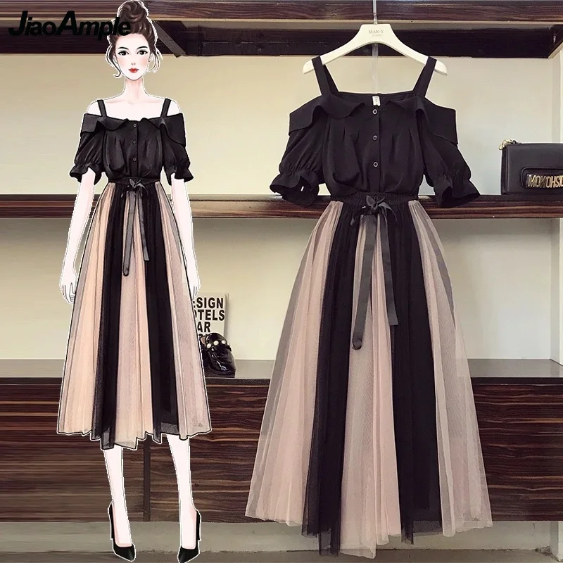 Top Trends: Women Summer Clothing Suit Fashion Slash Neck Black Shirt Skirts Set Korean Sweet Girls Flare Sleeve Layers Mesh Bow-Knot Dress Shoppable Styles