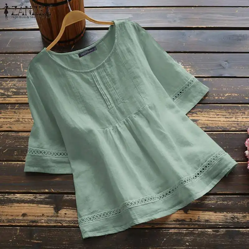 Top Trends: Women Vintage Casual Chemise ZANZEA Solid Color Cotton Blouses Half Sleeve O-Neck Spliced Shirt Hollow Out Tops Shoppable Styles