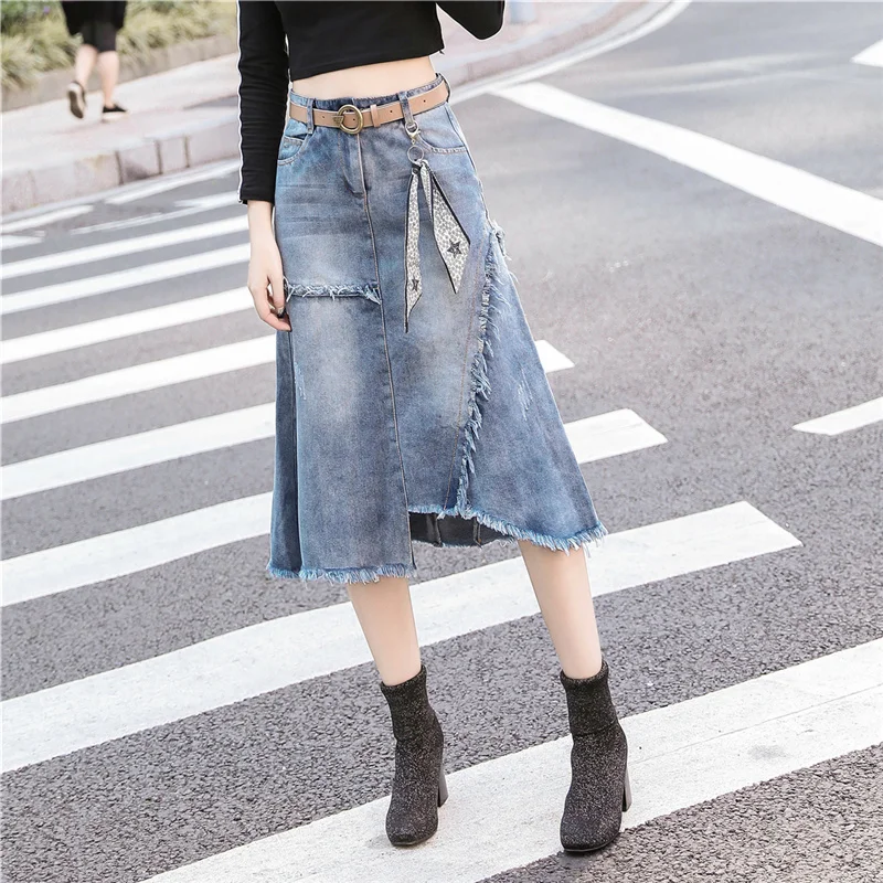 Top Trends: S-5XL Women Denim Skirt Spring Summer 2023 Fashion Casual Medium-long Package Hip Irregular Hem Slim Waist Skirts Jeans Female Shoppable Styles