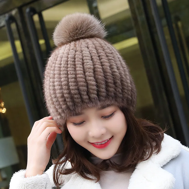 Top Trends: Women Fur Hat Winter Mink Fur Knitted Hat With Fox Fur Ball Warm Shoppable Styles