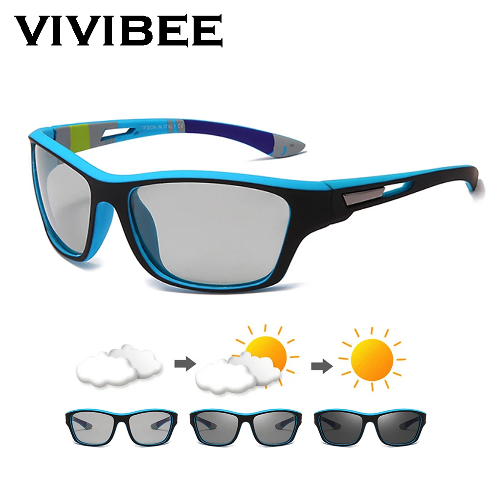 Top Trends: VIVIBEE Men Photochromic Sunglasses Sports Matte Blue Black Frame Polarized Color Changing UV400 Goggles Shoppable Styles