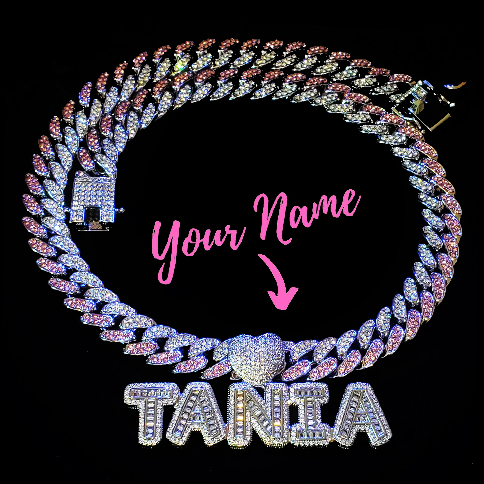 Top Trends: Pink&amp;Clear Stones Cuban Link Chain With Name Pendant Choker Heart Bail Icy Letters Necklace Blingbling Monogram Custom Necklace Shoppable Styles