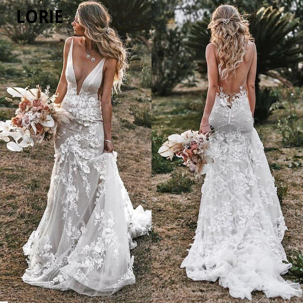 Top Trends: LORIE Vintage Mermaid Wedding Dresses 2020 V-neck Backless Lace Appliques 3D Flowers Country Bridal Gown Plus Size Custom Made Shoppable Styles