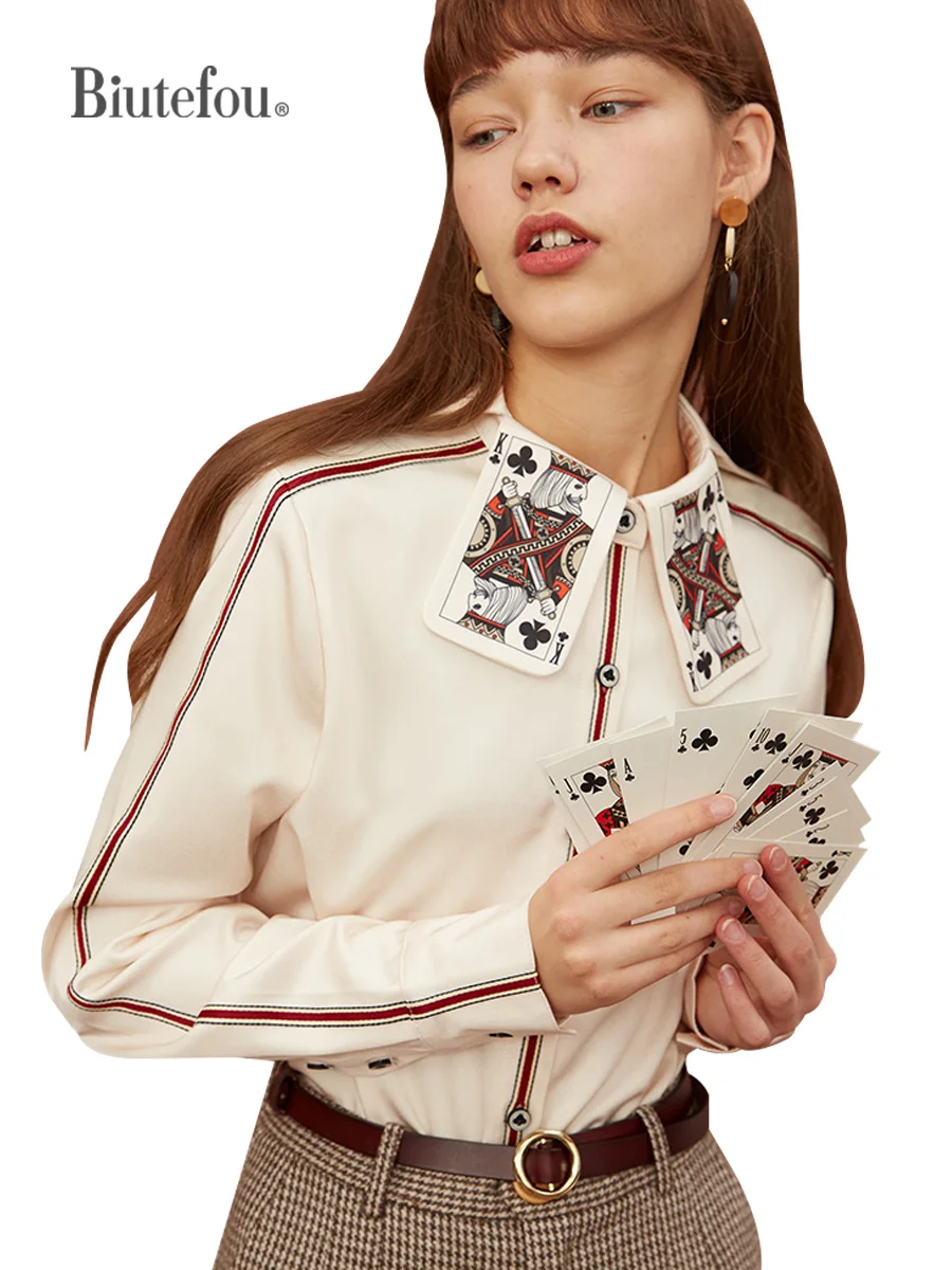 Top Trends: Women's Printed Stripe Shirt, Fun Playing Cards, Original Design, Spring And Autumn Shoppable Styles