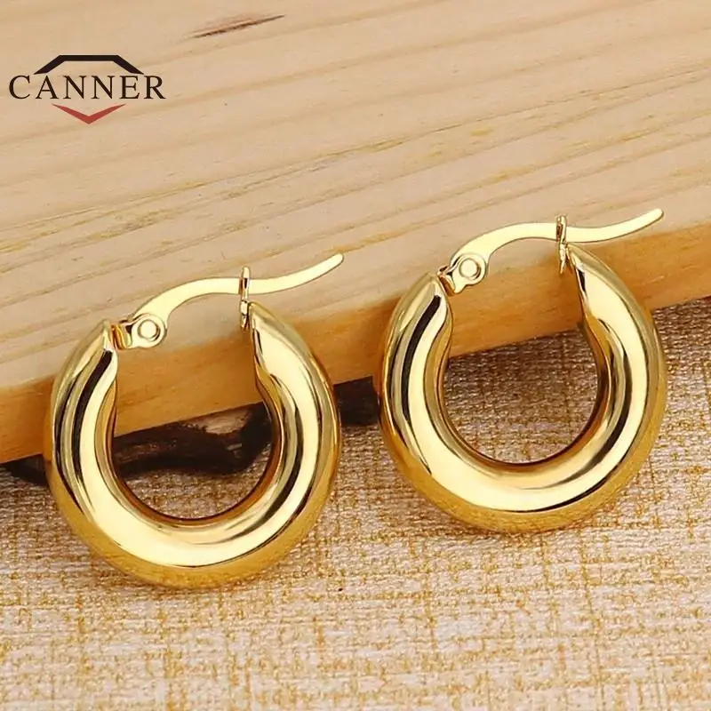 Top Trends: CANNER Stainless Steel Smooth Ear Buckle Round Thick Hoops Earrings For Women Piercing Earings Gift Fashion Jewelry 20 / 25 / 30mm Shoppable Styles