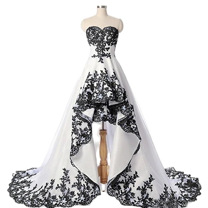 Top Trends: Gothic Black And White A Line Wedding Dress Sweetheart High Low Bridal Gowns Lace Appliqued Robe De Mariee Vintage Short Front Shoppable Styles