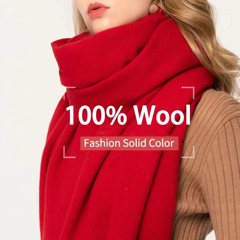 Top Trends: Winter 100% Pure Wool Scarf Women Solid Red Echarpe Wraps For Ladies Foulard Femme With Tassel Warm Merino Wool Scarves Cashmere Shoppable Styles