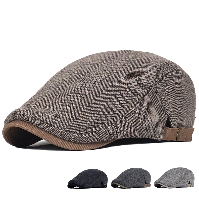 Top Trends: Big Size Newsboy Cap Men Winter Wool Thick Warm Vintage Herringbone Casual Stripe Berets Gatsby Flat Hat Peaked Cap Adjustable Shoppable Styles