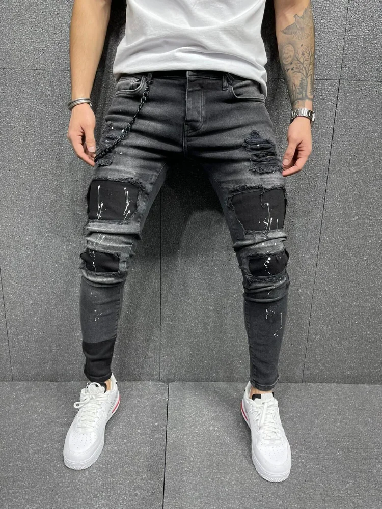 Top Trends: Men Ripped Skinny Jeans Biker High Quality Black Distressed Slim-Fit Pencil Pants Locomotive Zipper Denim Pants Hip Hop Trousers Shoppable Styles