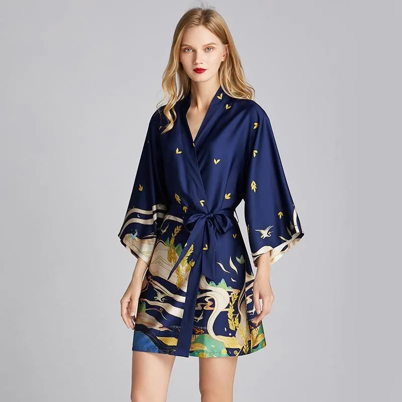 Top Trends: Women Robe Kimono Bathrobe Navy Blue Print Nightgown Sleepwear Silky Soft Satin Nightwear Sexy Short Nightdress Casual Homewear Shoppable Styles